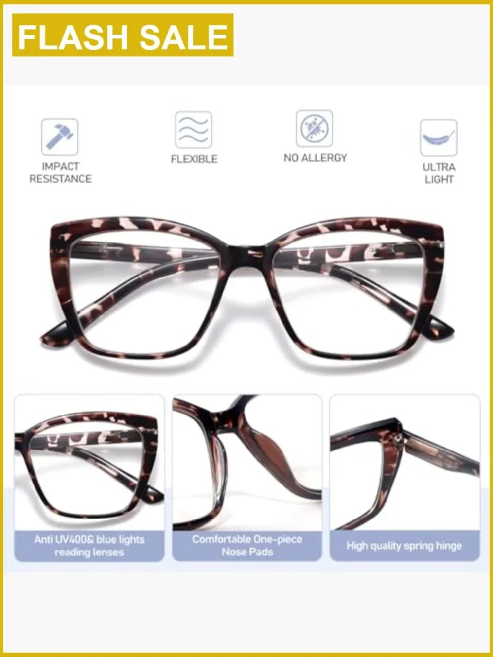 Oversized Cat Eye Blue Light Reading Glasses for Women TR90 Spring Hinge